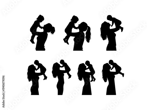 Six black silhouettes of mothers lovingly holding their babies in various tender poses, celebrating the bond of motherhood.