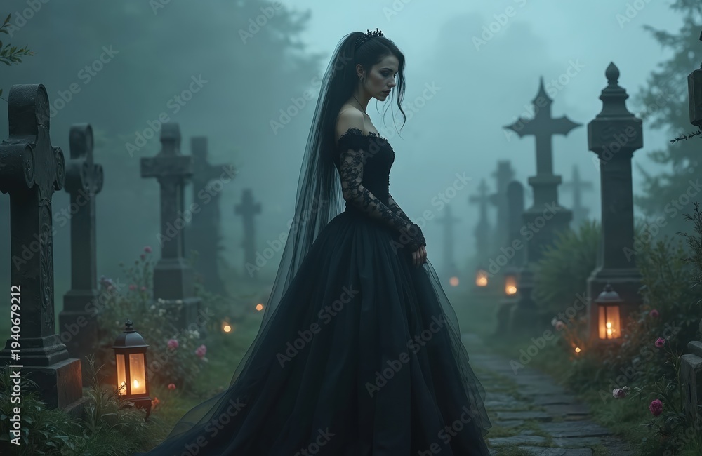 Fototapeta premium Dark gothic bride in black lace gown poses in foggy graveyard. Tombstones and lanterns create mysterious atmosphere. Woman wears veil and crown, looking serious.