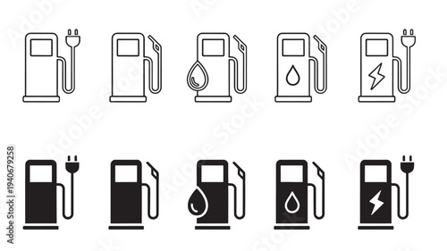 Gas station and electric charging station icons with fuel drop and lightning bolt symbols in outline and solid styles