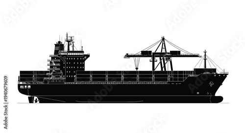 Black silhouette of a large container ship at sea