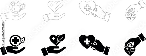 Hand holding medical heart with leaf outline and solid black icon set for healthcare and wellness vector silhouette isolated on transparent background