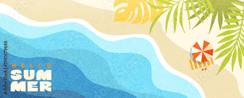 Greeting summer horizontal banner.Wavy sea, beach with sand, beach umbrella for great holiday. Happy summer textured theme. Bright positive vibe design. Template for sales, posters, covers, ads.Vector