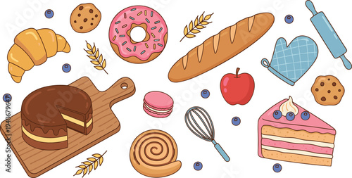 Baking ingredients and pastries flat lay set with outline including cakes cookies and bread vector illustration.
