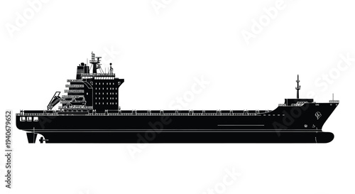Black silhouette of a large cargo ship viewed from the side