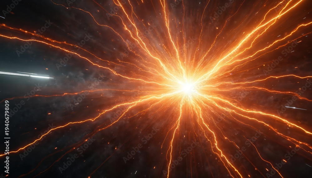 Fototapeta premium Bright explosion bursts with orange energy, light trails across dark background. Fiery plasma streams radiate from central point creating intense motion effect. Abstract cosmic event unfolds with