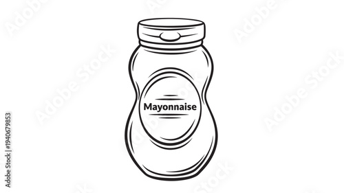 Jar mayonnaise outline with label text, isolated on a white background, minimalistic food illustration.
