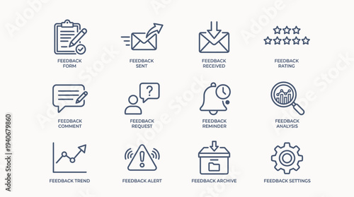 Versatile linear icons for managing customer feedback, covering submission forms, communication, ratings, analytics, alerts, and system configurations
