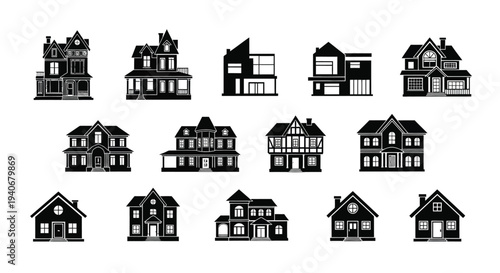 Variety of monochrome house silhouettes displayed in a linear arrangement