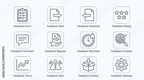 Essential set of UI/UX line icons for managing user feedback, including forms, submission, reception, rating, comments, analysis, trends, and settings
