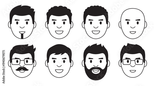 Faces cartoon set with diverse hairstyles and facial hair including beards and mustaches, simple icons.