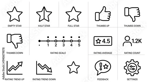 Diverse icon concept set for digital user feedback, customer ratings, and trend evaluation. Essential graphic elements for modern interface design and performance metrics