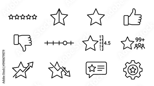 Modern line art vector icons for user ratings, customer feedback, and product service reviews, featuring stars, thumbs up/down, and performance indicators for app and web design