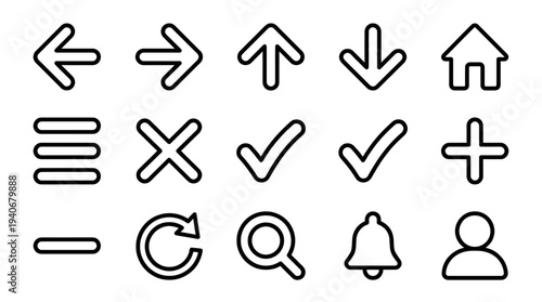 Diverse Set of Outline UI and UX Icons, Perfect for Modern Web and Mobile Application Design, Including Navigation, Action, and Communication Symbols