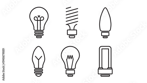 Light bulbs icon set showing Edison, spiral, candle, and tube incandescent lamps featuring lamp, bulb, collection with fluorescent and CFL elements