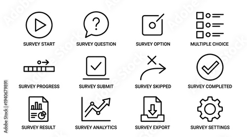 Essential Outline Icon Collection for Digital Surveys, Feedback Mechanisms, Data Collection Workflows, and Analytics Management