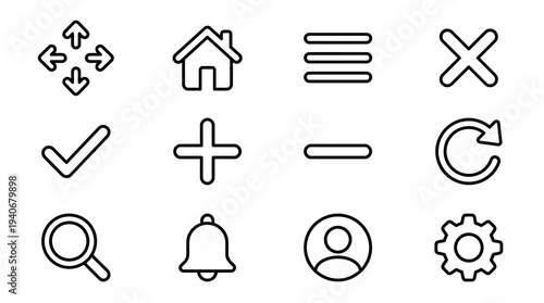 Comprehensive collection of essential outline user interface icons for web and mobile applications, including navigation, actions, and settings symbols, suitable for modern UI design projects