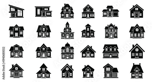 Collection of simple black silhouette house icons in various styles