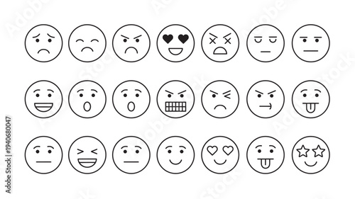 Emoji faces icons with various expressions and emotions depicted in a simple line art style, suitable for digital communication.