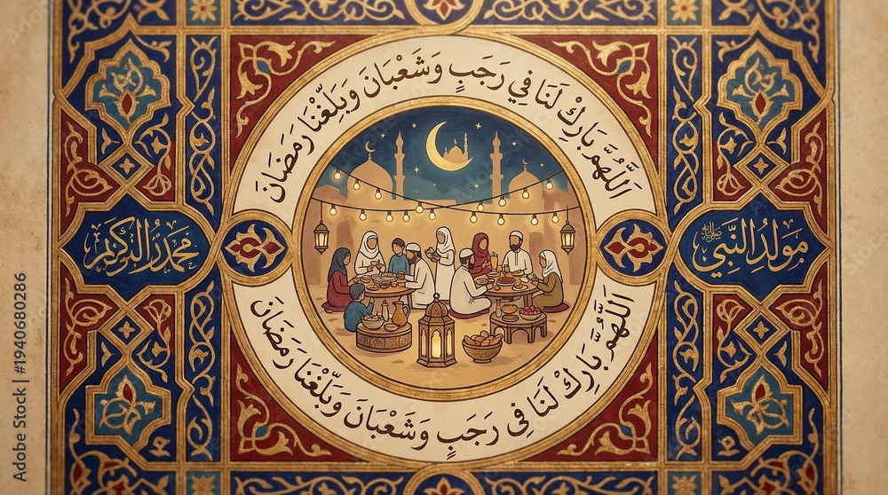 Fototapeta premium Traditional Islamic art depicting marketplace scene with moon 