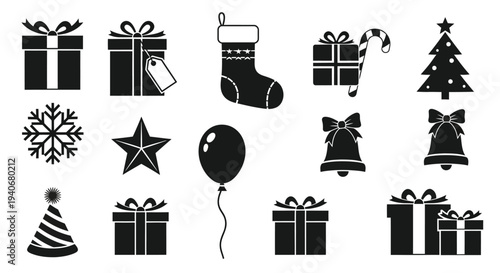 Black and white illustration of various christmas themed decorative objects