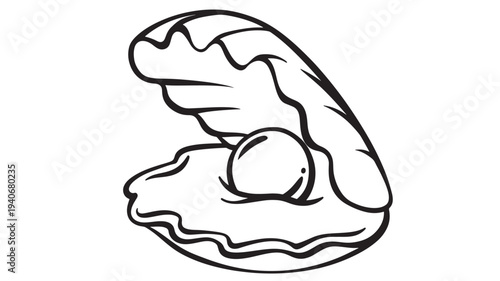 Oyster with a pearl inside, presented in a simple, elegant black line drawing style, evoking the beauty of the ocean.