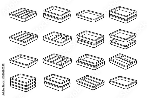 Kitchen clean modular vector icon stackable tray surface balanced geometry walls utensil