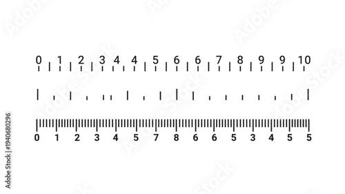 Rulers with black lines and numbers showing scale markings for measurement, education, and science. featuring ruler, measuring, centimeter with