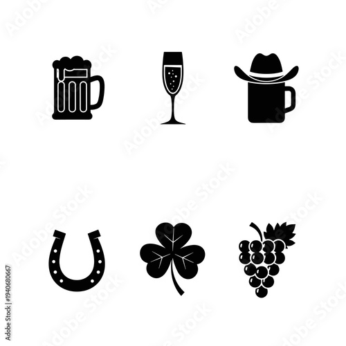 Festive Celebration Icons: Beer, Champagne, Luck, and Harvest Symbols for Irish Bars & Vineyard Marketing – Vintage Style Graphics for St. Patrick's Day, Wine Tasting Events & Western Saloons, Celebra