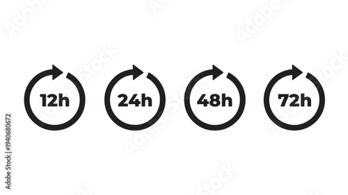 Hour circle icons with arrows showing 12h, 24h, 48h, and 72h durations with bold black numbers and outlines on white.