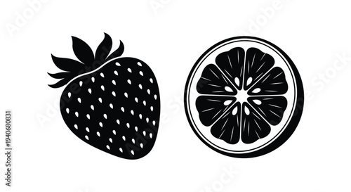 Black and white illustration of a strawberry and sliced citrus fruit