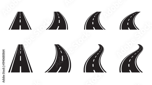 Road icon set with straight and curved asphalt lanes featuring white dashed lines for direction and travel.