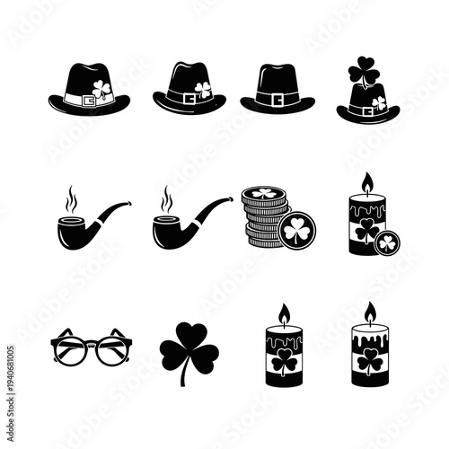 St Patrick's Day Vector Set Artwork: Celebrating Irish Culture with Leprechaun Hats, Smoking Pipes, Gold Coins, Shamrock Candles, and Lucky Clovers Illustrations in Black Silhouette for Festive Decora