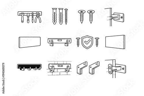 Mounted tidy system wall tool anchors silhouette installation vector integration modern icon