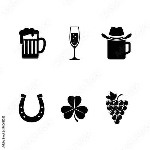 Diverse Celebration Icons Set: Toasting with Beer, Champagne & Cowboy Charm - Festive Gathering Illustrations for Brewery Promotions, Western Saloon Designs, Vineyard Marketing & Holiday Celebrations