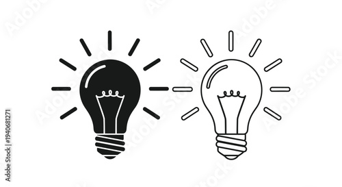 Two light bulb icons one dark and one light with radiating lines