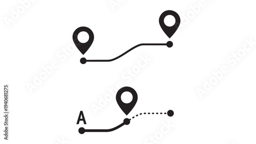 Location pins with connected route lines and starting point 'A' mark on white background featuring pin, map, navigation with path and journey