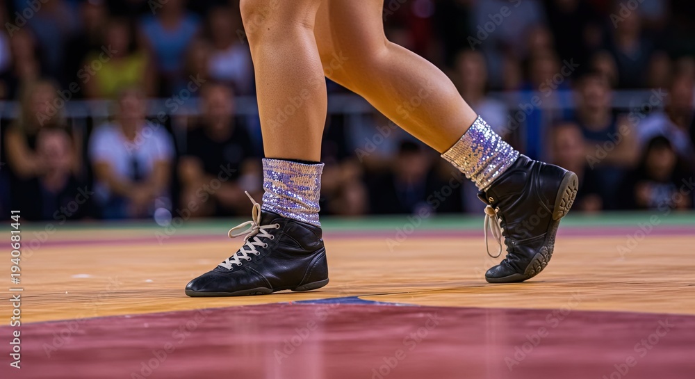 Fototapeta premium A dynamic photo of a person wearing dance shoes on a court with spectators