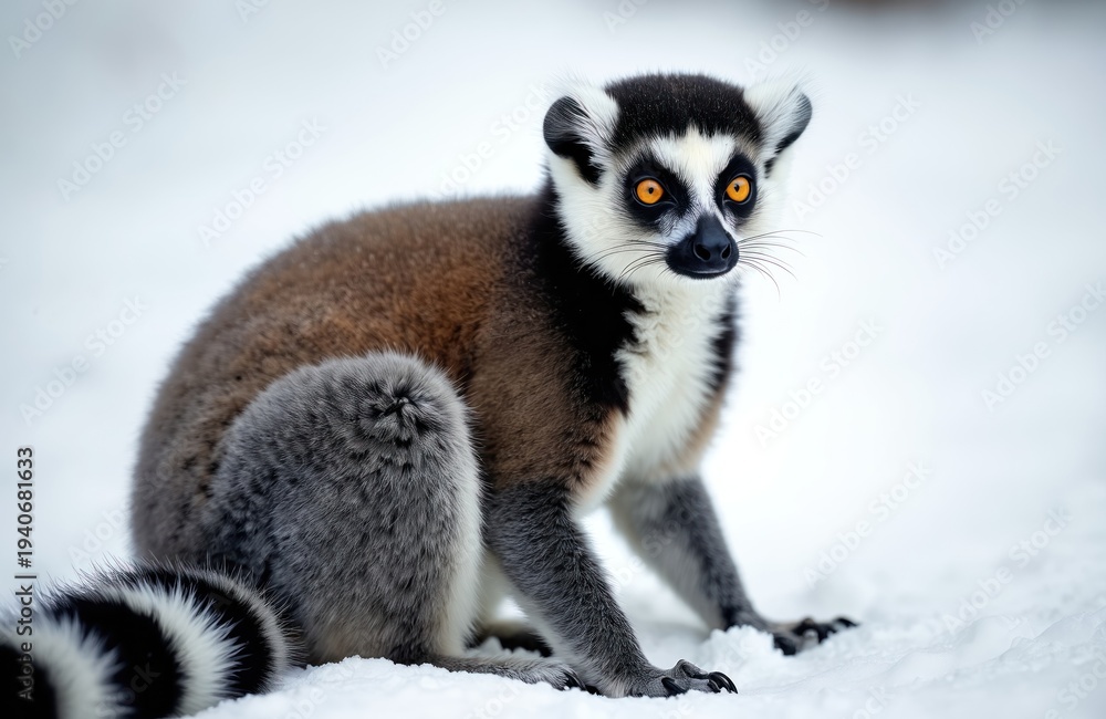 Fototapeta premium Ring-tailed lemur sits in snow, its distinctive black and white tail curled. Wild primate has bright orange eyes and curious expression, looking directly forward, emphasizing its unique face and fur.