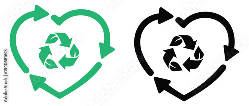 Eco-Love: Two versions of a heart-shaped recycling symbol, embodying the concept of environmental care and sustainable practices, emphasizing love for nature.