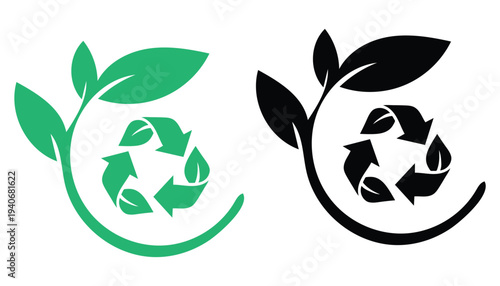 Eco-Friendly Emblem: A visually striking representation of environmental consciousness, featuring a recycling symbol intertwined with delicate leaf, symbolizing sustainability and eco-friendliness.