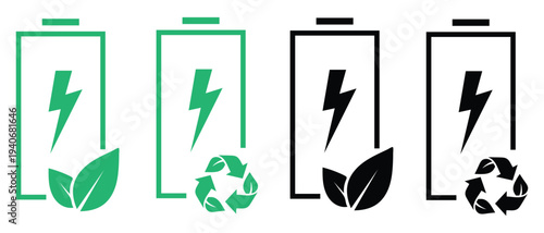 Green Energy Icons: A set of eco-friendly icons representing sustainable energy, with images of lightning bolts, leaves, and recycling symbols