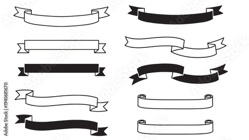Ribbons set with black and white simple graphic designs for titles and labels, ideal for emblems and banners.