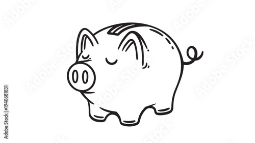 Piggy bank hand drawn icon with a simple black outline and a curved tail, representing savings. featuring money, finance, wealth with coin and