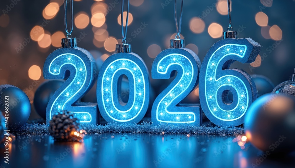Obraz premium Blue glowing number ornaments spell out 2026. Festive decorations include pinecone and baubles. Blurred lights create bokeh background. New Year celebration concept.