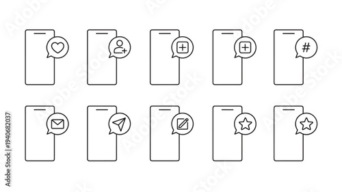 Smartphones with social media icons and notifications in speech bubbles on white background featuring smartphone, mobile phone, phone with icon and