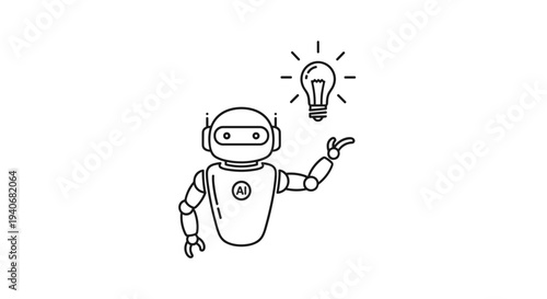AI Robot Idea Icon with Lightbulb. Artificial Intelligence and Innovation Line Art.