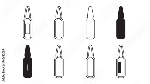 Ampoule icons with varied fill and outline styles in black and white on a white background for medical design.
