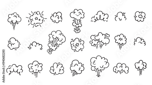 Clouds hand drawn set with black outline and abstract shapes on a white background, comic style featuring cloud, smoke, explosion with boom and