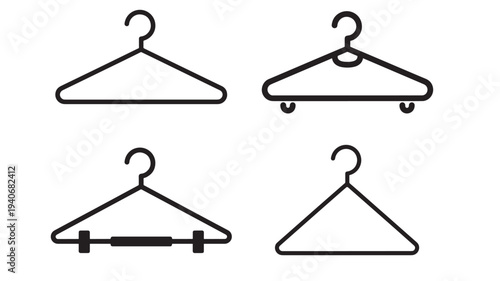 Hangers simple line art set with different designs for clothing storage and organization, isolated on white background