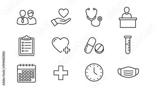 Icons representing medical and healthcare concepts like people, heart care, stethoscope, and calendar with a white background.